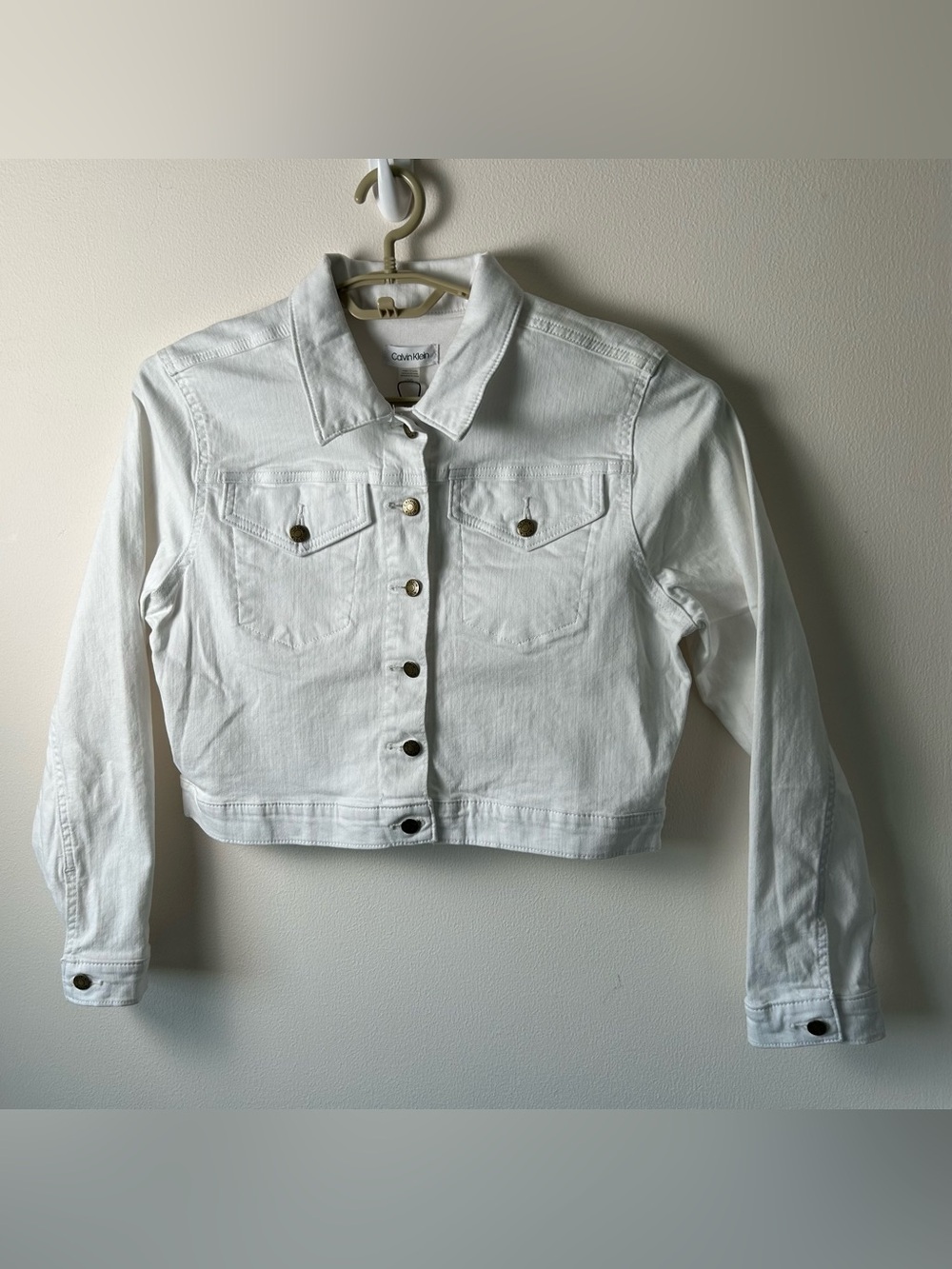 New Calvin Klein Denim Jacket Womens Large White Cropped Layering Y2K School